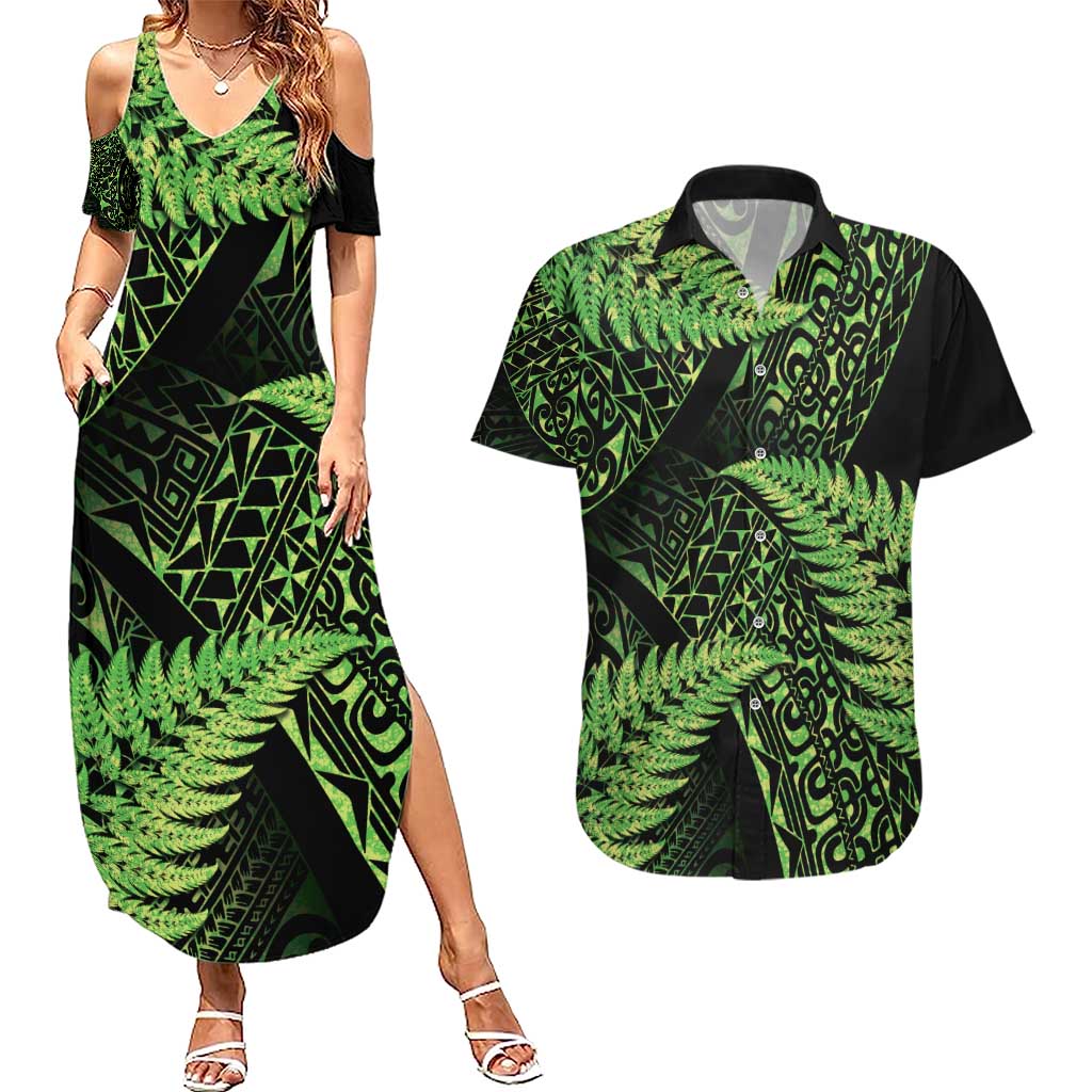 New Zealand Rugby Pacific Personalised Couples Matching Summer Maxi Dress and Hawaiian Shirt All Lime Maori Pasifika Fern Pattern LT9 Lime - Polynesian Pride