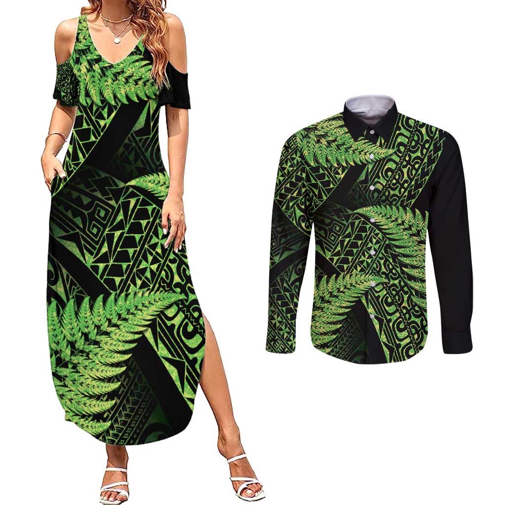 New Zealand Rugby Pacific Personalised Couples Matching Summer Maxi Dress and Long Sleeve Button Shirt All Lime Maori Pasifika Fern Pattern LT9 Lime - Polynesian Pride