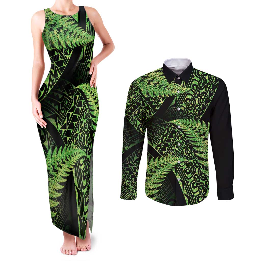 New Zealand Rugby Pacific Personalised Couples Matching Tank Maxi Dress and Long Sleeve Button Shirt All Lime Maori Pasifika Fern Pattern LT9 Lime - Polynesian Pride