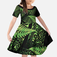 New Zealand Rugby Pacific Personalised Family Matching Long Sleeve Bodycon Dress and Hawaiian Shirt All Lime Maori Pasifika Fern Pattern LT9 Daughter's Dress Lime - Polynesian Pride