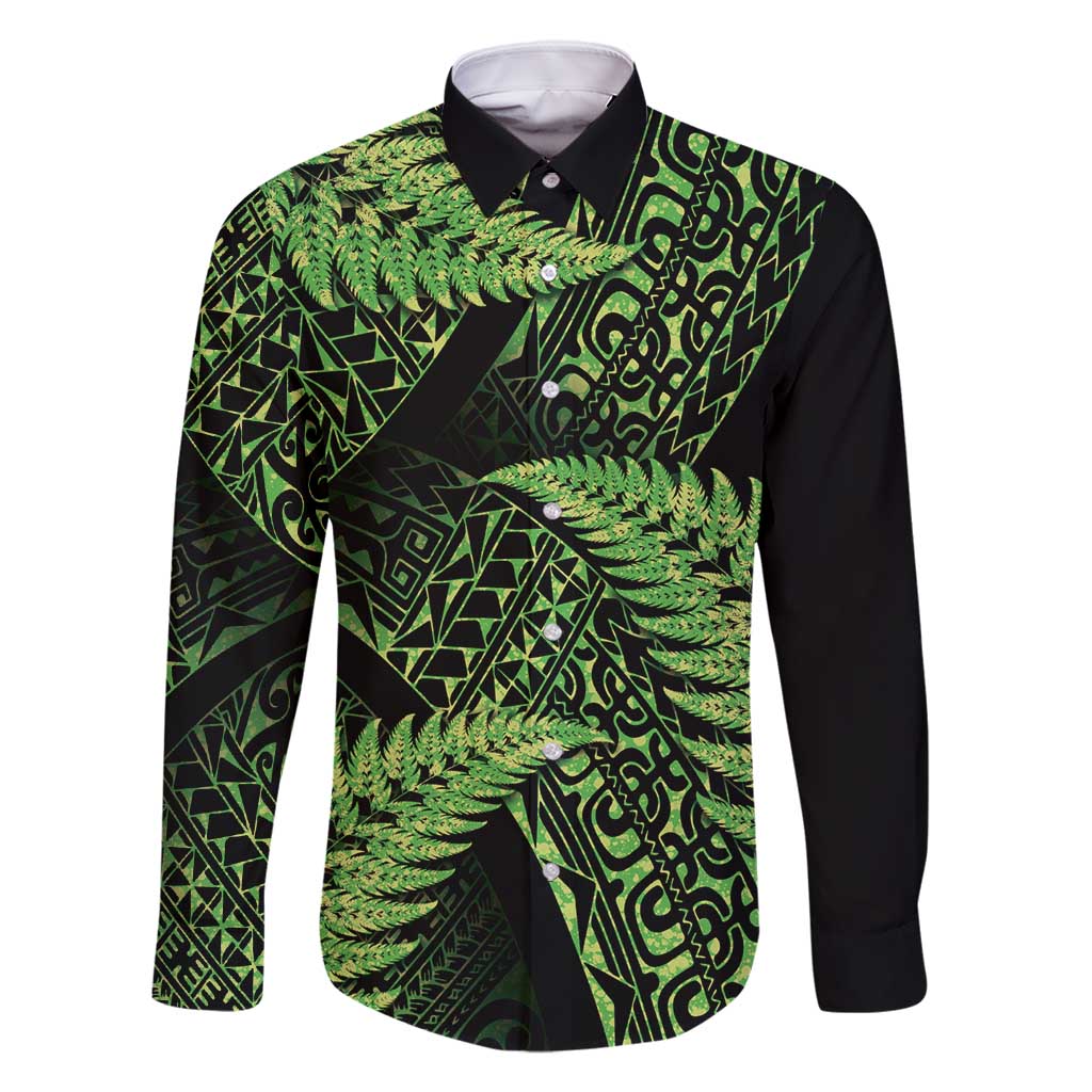 New Zealand Rugby Pacific Personalised Family Matching Long Sleeve Bodycon Dress and Hawaiian Shirt All Lime Maori Pasifika Fern Pattern LT9 Dad's Shirt - Long Sleeve Lime - Polynesian Pride