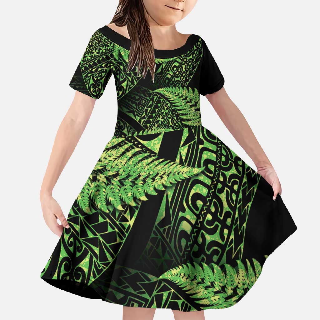 New Zealand Rugby Pacific Personalised Family Matching Summer Maxi Dress and Hawaiian Shirt All Lime Maori Pasifika Fern Pattern LT9 Daughter's Dress Lime - Polynesian Pride