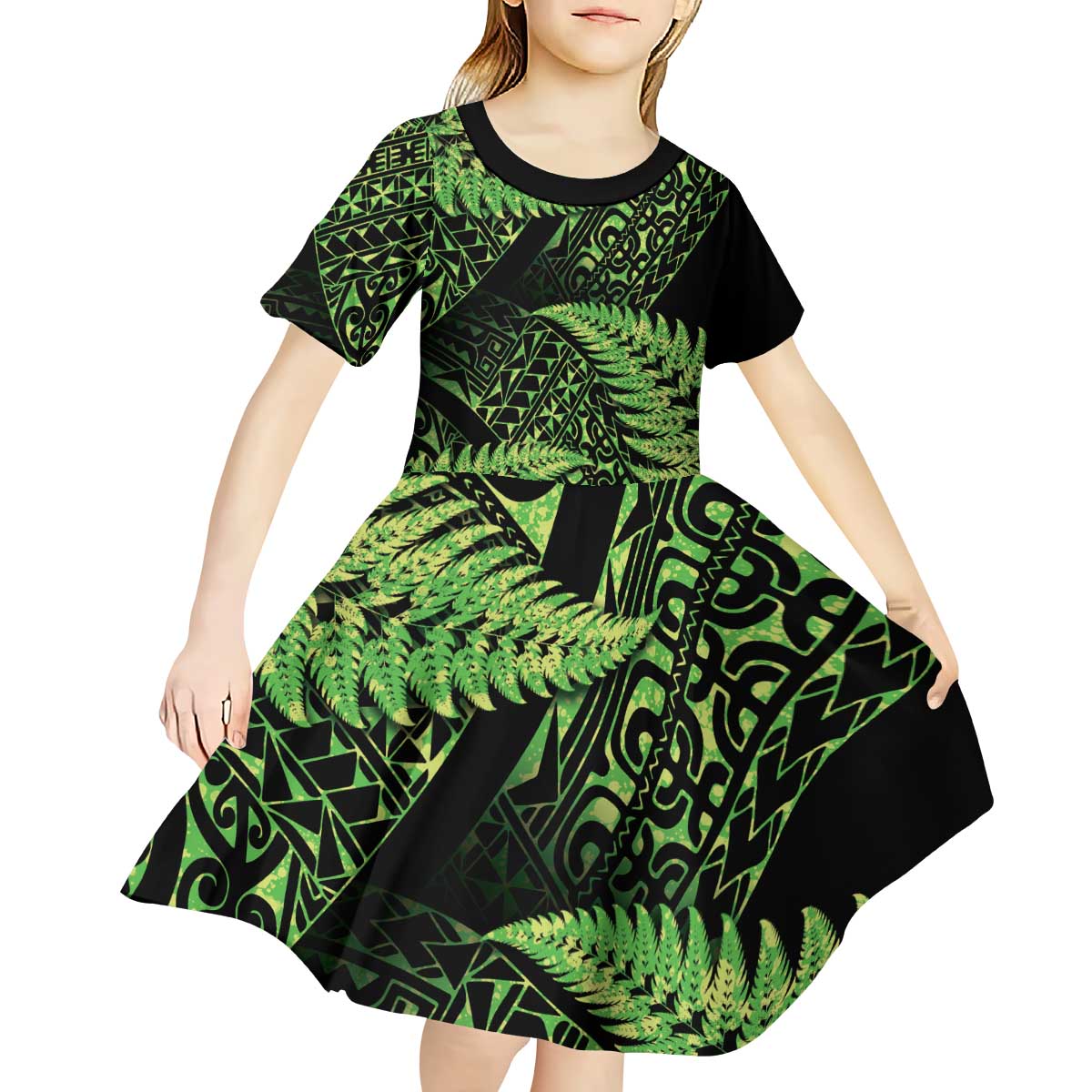 New Zealand Rugby Pacific Personalised Kid Short Sleeve Dress All Lime Maori Pasifika Fern Pattern LT9 - Polynesian Pride
