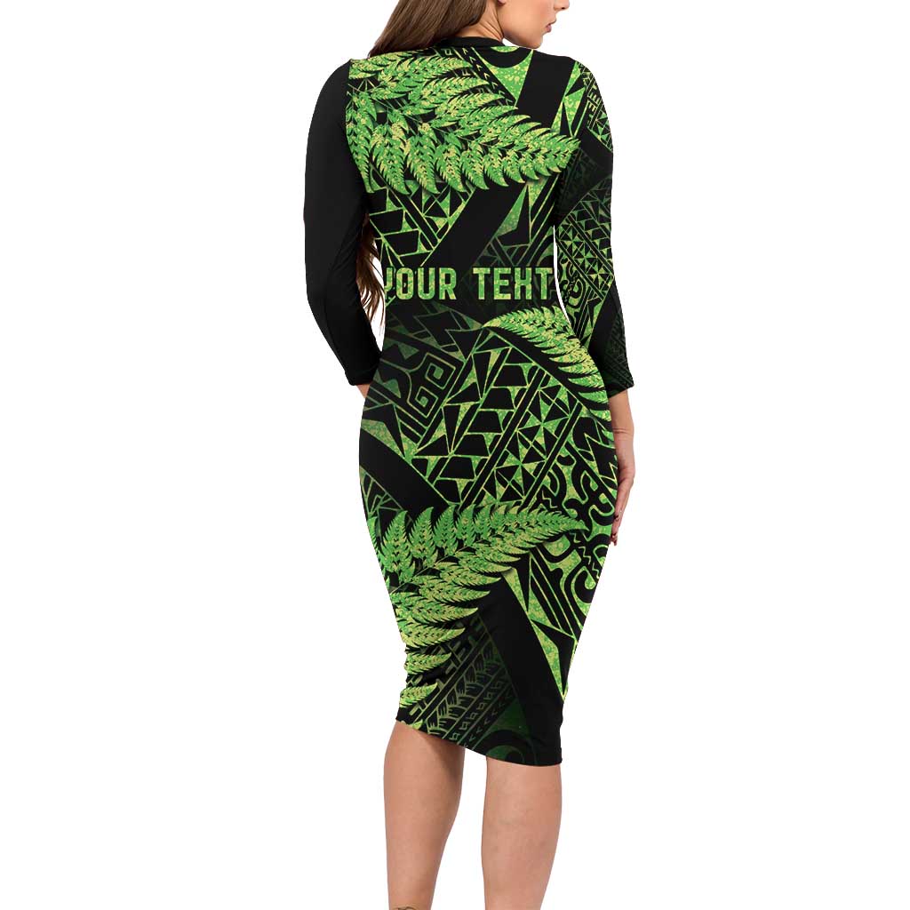 New Zealand Rugby Pacific Personalised Long Sleeve Bodycon Dress All Lime Maori Pasifika Fern Pattern LT9 - Polynesian Pride