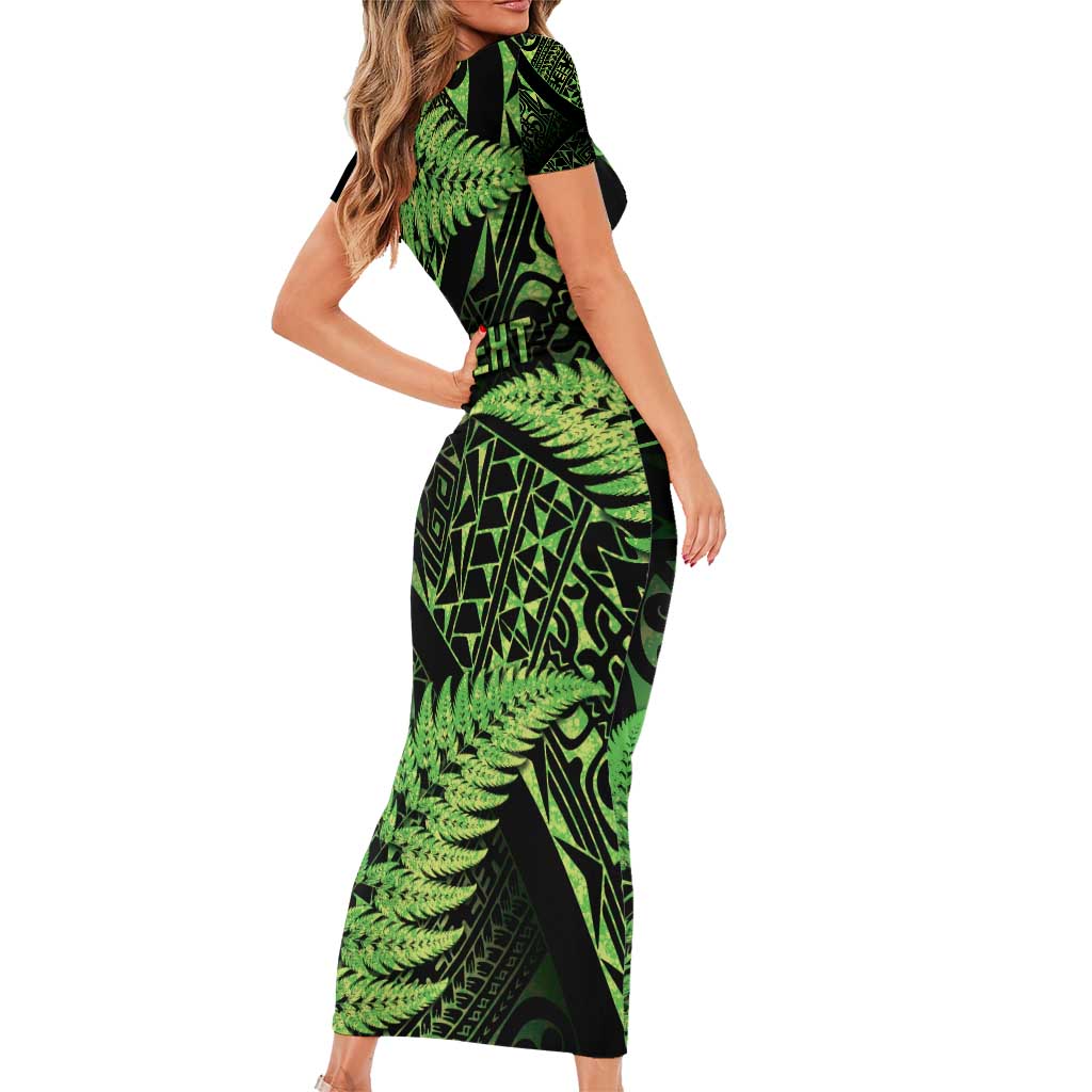 New Zealand Rugby Pacific Personalised Short Sleeve Bodycon Dress All Lime Maori Pasifika Fern Pattern LT9 - Polynesian Pride
