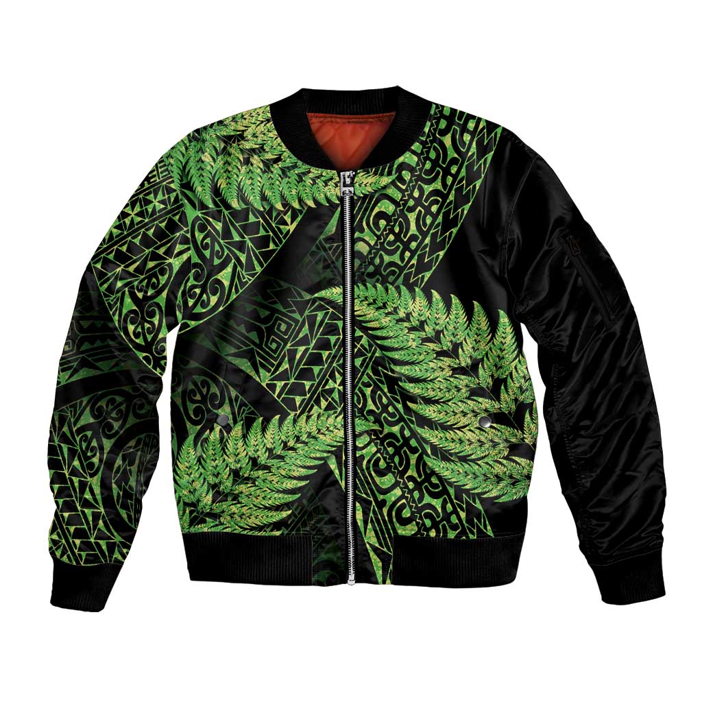 New Zealand Rugby Pacific Personalised Sleeve Zip Bomber Jacket All Lime Maori Pasifika Fern Pattern LT9 Unisex Lime - Polynesian Pride
