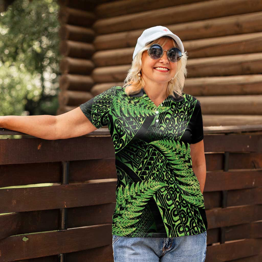 New Zealand Rugby Pacific Personalised Women Polo Shirt All Lime Maori Pasifika Fern Pattern LT9 - Polynesian Pride
