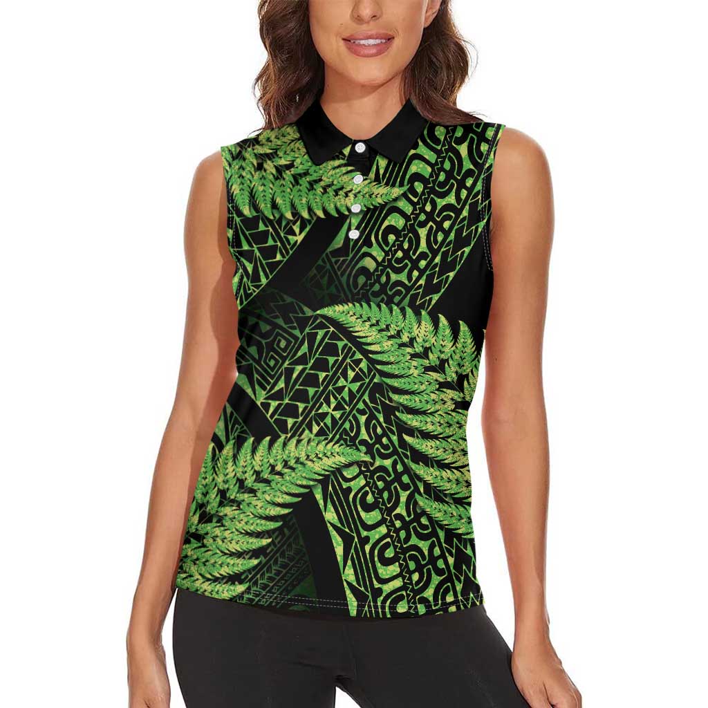 New Zealand Rugby Pacific Personalised Women Sleeveless Polo Shirt All Lime Maori Pasifika Fern Pattern LT9 - Polynesian Pride