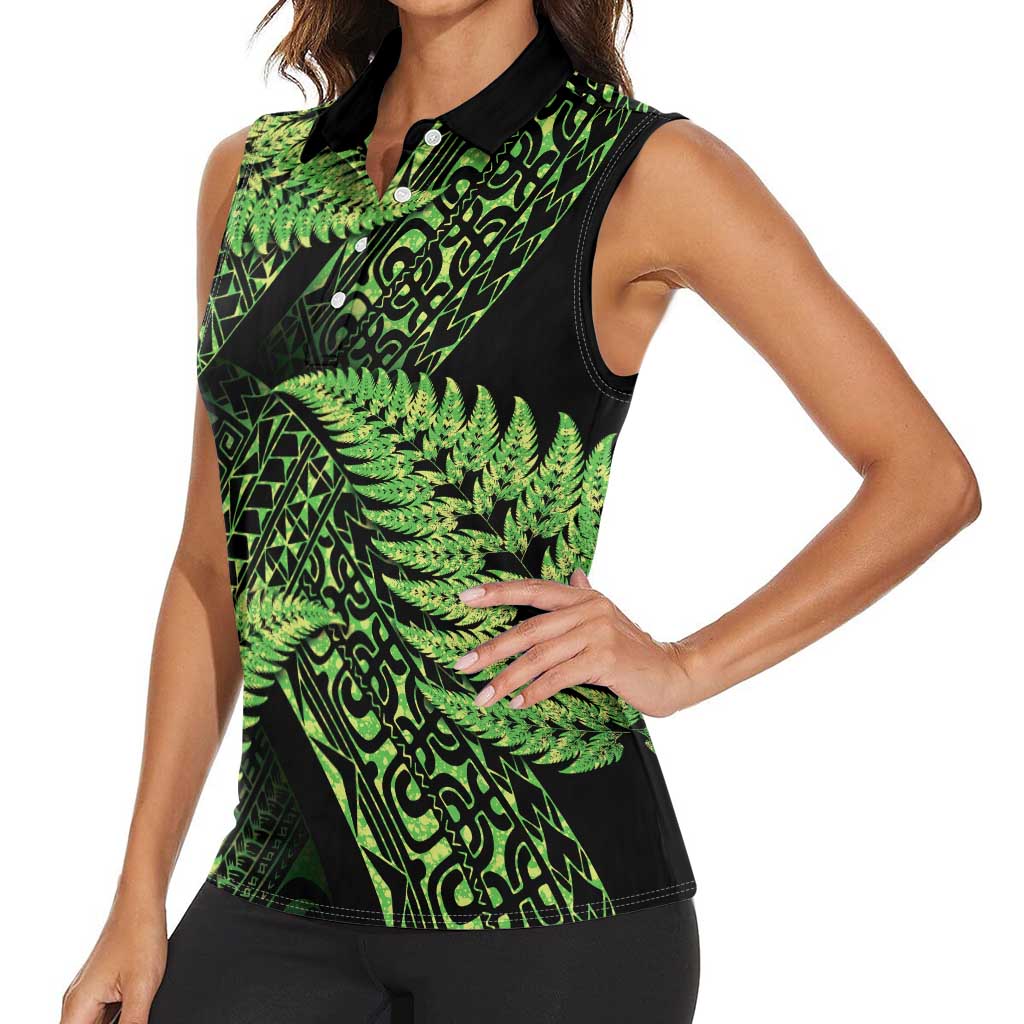 New Zealand Rugby Pacific Personalised Women Sleeveless Polo Shirt All Lime Maori Pasifika Fern Pattern LT9 - Polynesian Pride