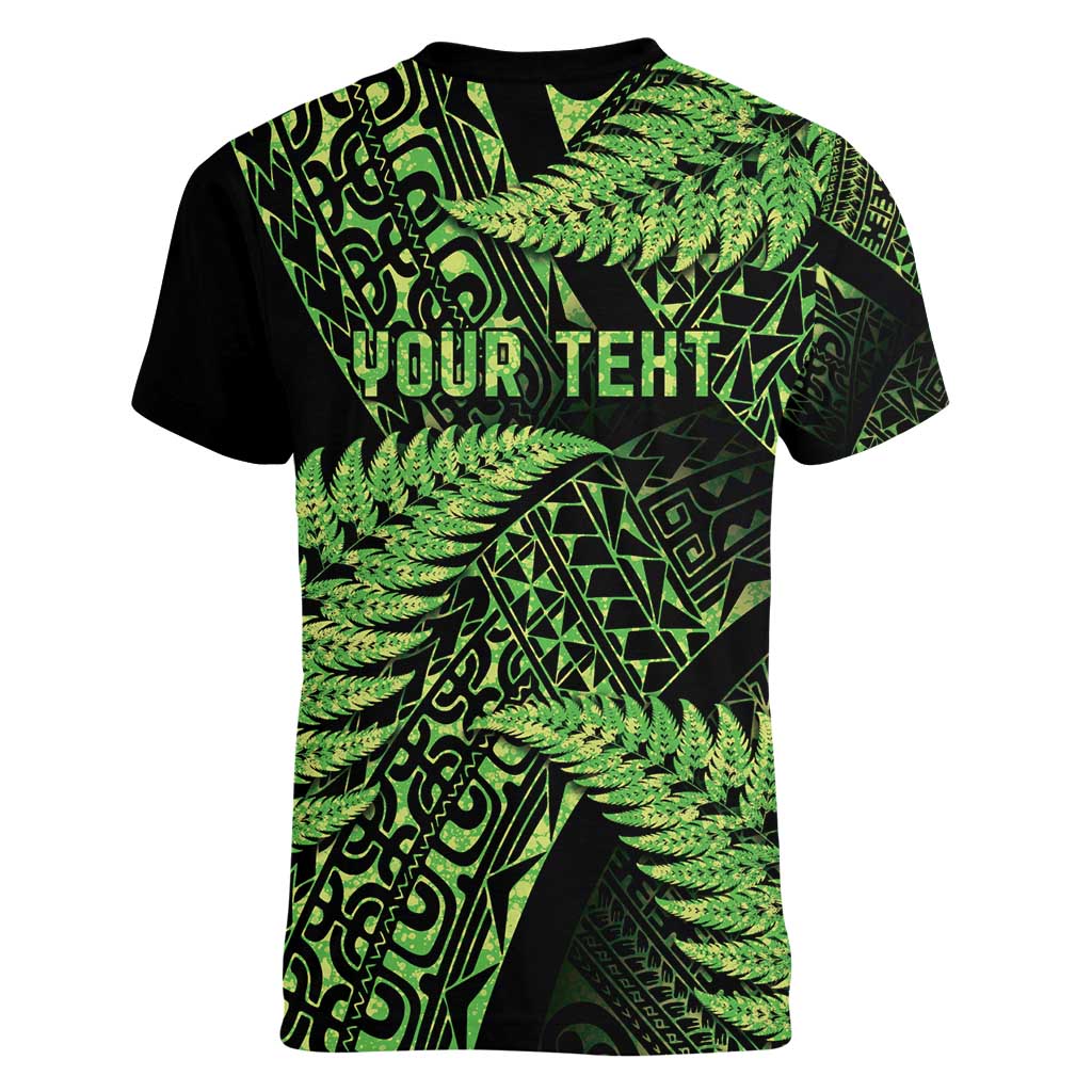 New Zealand Rugby Pacific Personalised Women V-Neck T-Shirt All Lime Maori Pasifika Fern Pattern LT9 - Polynesian Pride