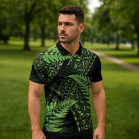 New Zealand Rugby Pacific Personalised Zipper Polo Shirt All Lime Maori Pasifika Fern Pattern LT9 - Polynesian Pride