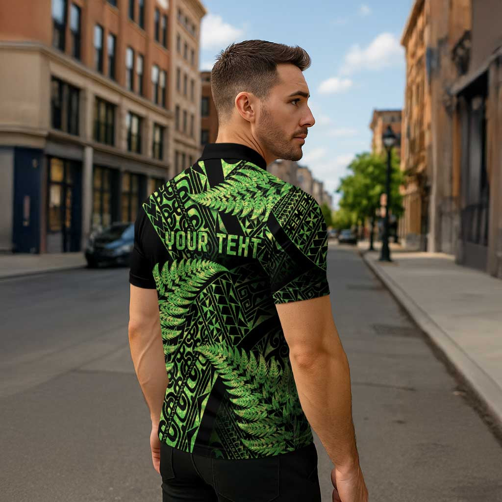 New Zealand Rugby Pacific Personalised Zipper Polo Shirt All Lime Maori Pasifika Fern Pattern LT9 - Polynesian Pride