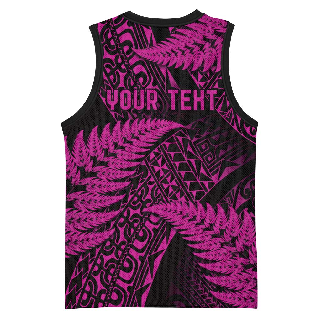 New Zealand Rugby Pacific Personalised Basketball Jersey All Pink Maori Pasifika Fern Pattern LT9 - Polynesian Pride