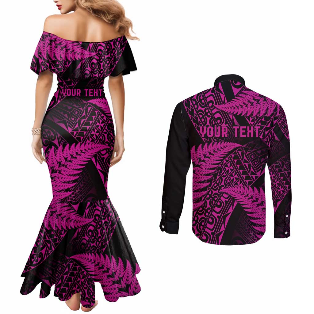 New Zealand Rugby Pacific Personalised Couples Matching Mermaid Dress and Long Sleeve Button Shirt All Pink Maori Pasifika Fern Pattern LT9 - Polynesian Pride