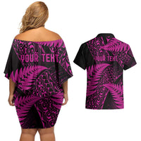 New Zealand Rugby Pacific Personalised Couples Matching Off Shoulder Short Dress and Hawaiian Shirt All Pink Maori Pasifika Fern Pattern LT9 - Polynesian Pride
