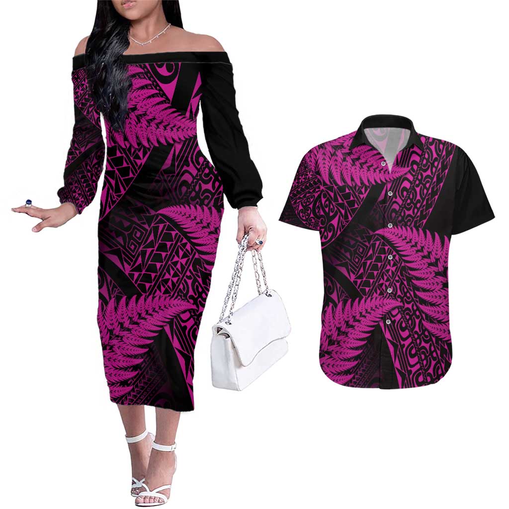 New Zealand Rugby Pacific Personalised Couples Matching Off The Shoulder Long Sleeve Dress and Hawaiian Shirt All Pink Maori Pasifika Fern Pattern LT9 Pink - Polynesian Pride