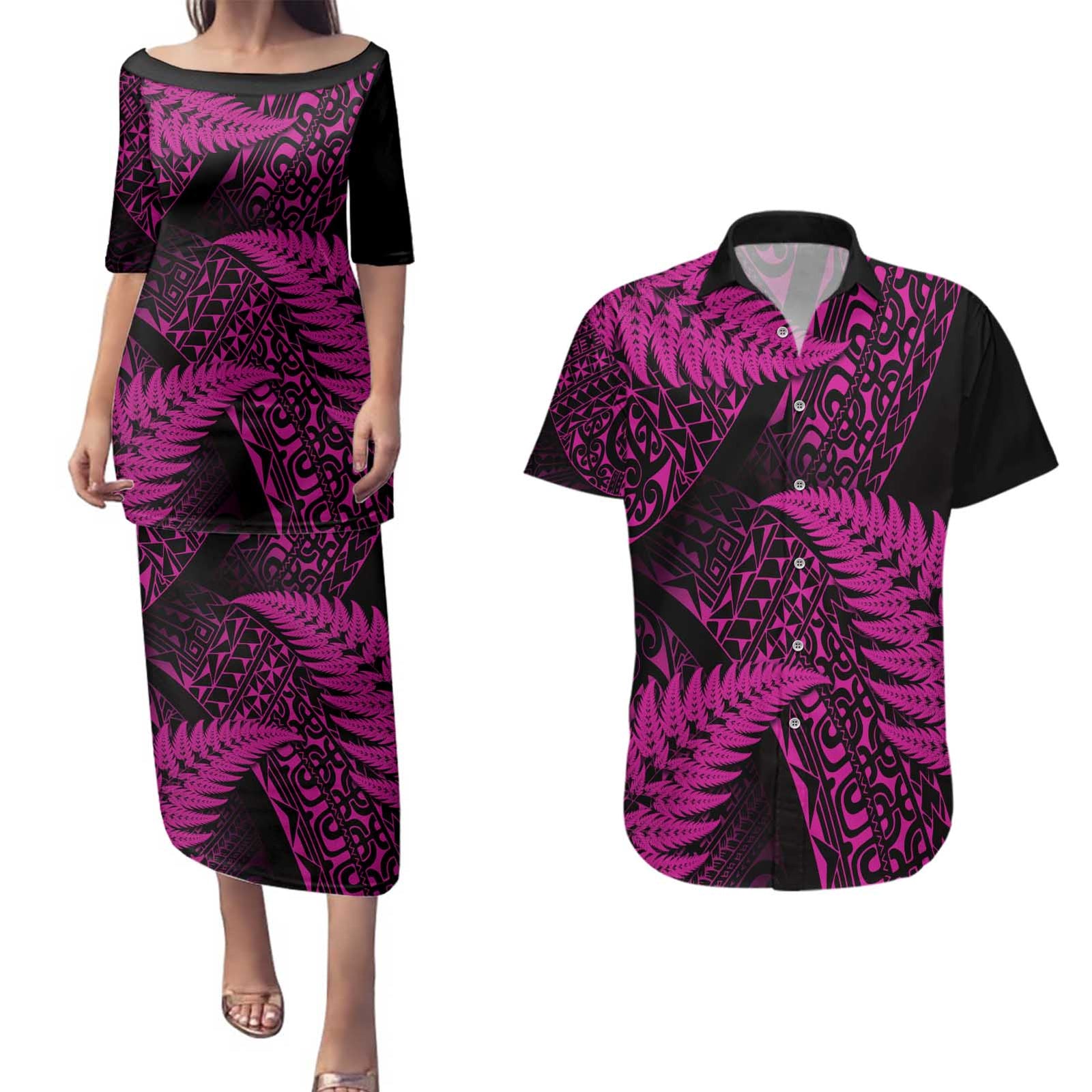 New Zealand Rugby Pacific Personalised Couples Matching Puletasi and Hawaiian Shirt All Pink Maori Pasifika Fern Pattern