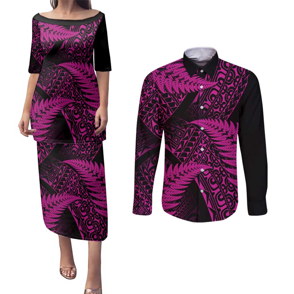 New Zealand Rugby Pacific Personalised Couples Matching Puletasi and Long Sleeve Button Shirt All Pink Maori Pasifika Fern Pattern LT9 Pink - Polynesian Pride
