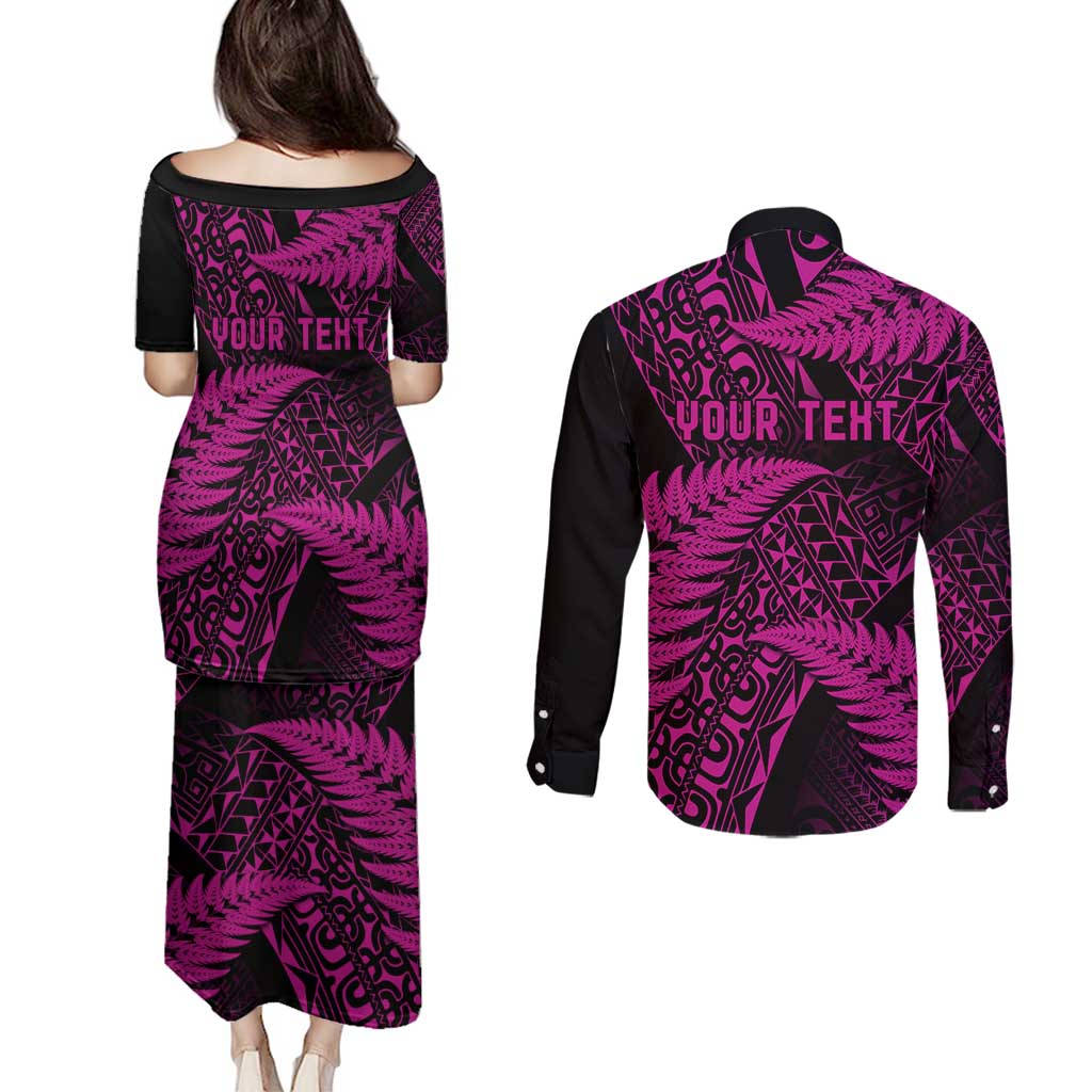 New Zealand Rugby Pacific Personalised Couples Matching Puletasi and Long Sleeve Button Shirt All Pink Maori Pasifika Fern Pattern LT9 - Polynesian Pride
