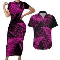 New Zealand Rugby Pacific Personalised Couples Matching Short Sleeve Bodycon Dress and Hawaiian Shirt All Pink Maori Pasifika Fern Pattern LT9 Pink - Polynesian Pride