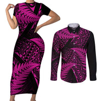 New Zealand Rugby Pacific Personalised Couples Matching Short Sleeve Bodycon Dress and Long Sleeve Button Shirt All Pink Maori Pasifika Fern Pattern LT9 Pink - Polynesian Pride