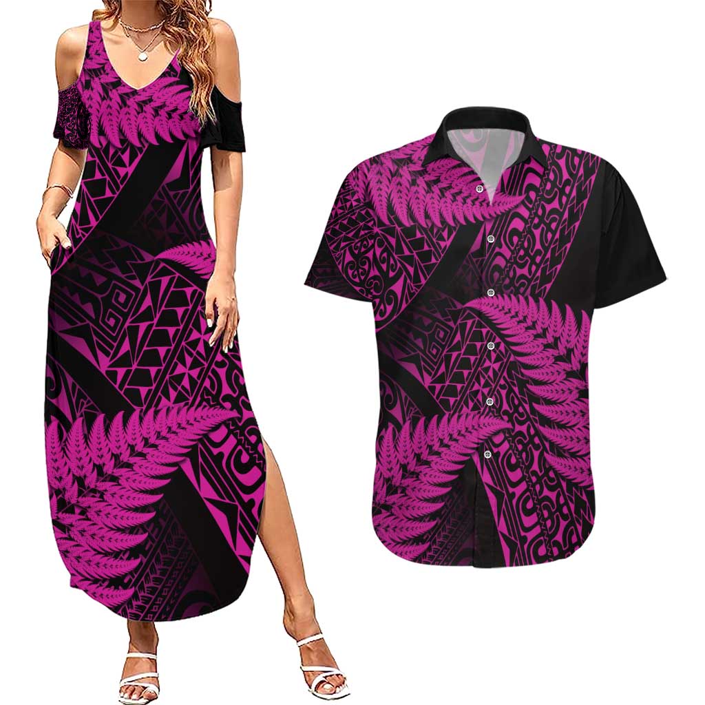 New Zealand Rugby Pacific Personalised Couples Matching Summer Maxi Dress and Hawaiian Shirt All Pink Maori Pasifika Fern Pattern LT9 Pink - Polynesian Pride
