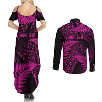 New Zealand Rugby Pacific Personalised Couples Matching Summer Maxi Dress and Long Sleeve Button Shirt All Pink Maori Pasifika Fern Pattern LT9 - Polynesian Pride
