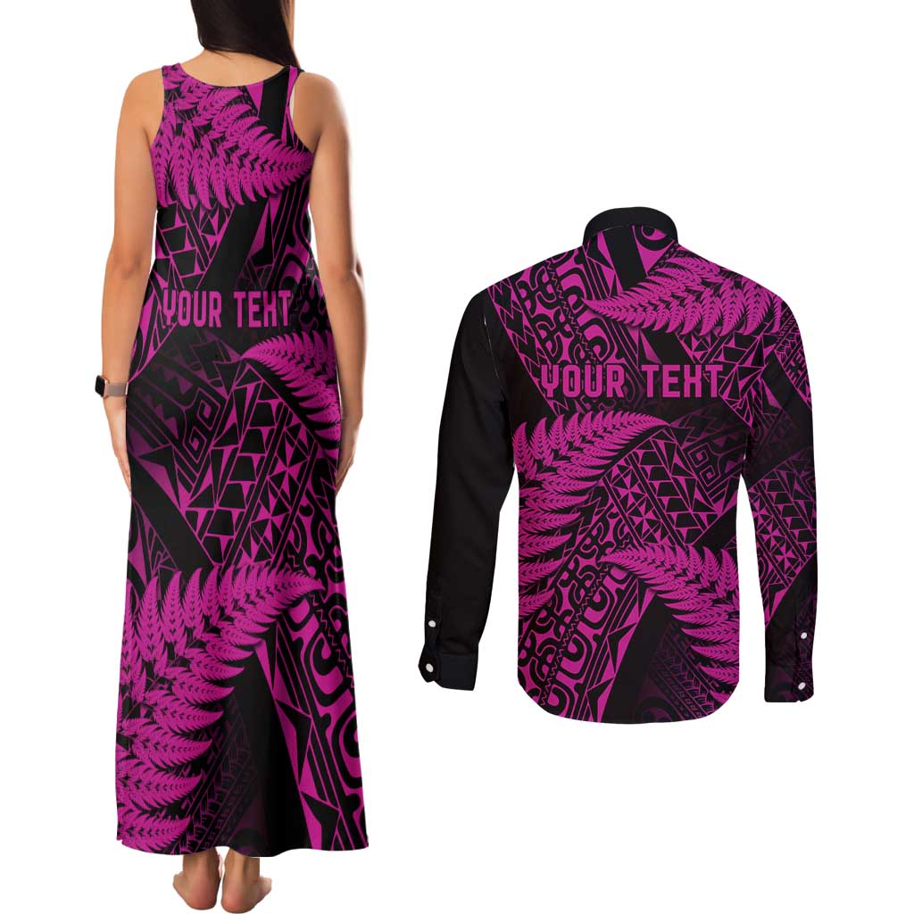 New Zealand Rugby Pacific Personalised Couples Matching Tank Maxi Dress and Long Sleeve Button Shirt All Pink Maori Pasifika Fern Pattern LT9 - Polynesian Pride