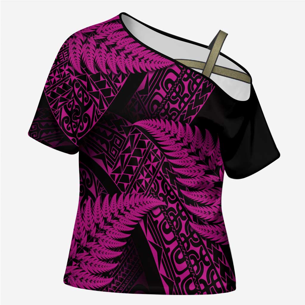 New Zealand Rugby Pacific Personalised Cross Shoulder Shirt All Pink Maori Pasifika Fern Pattern LT9 Female Pink - Polynesian Pride