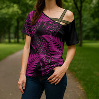 New Zealand Rugby Pacific Personalised Cross Shoulder Shirt All Pink Maori Pasifika Fern Pattern LT9 - Polynesian Pride