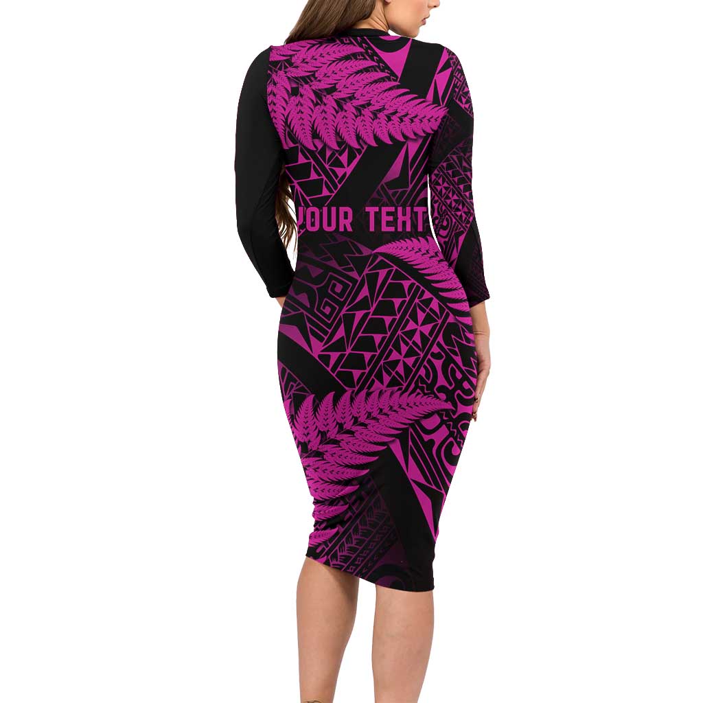 New Zealand Rugby Pacific Personalised Family Matching Long Sleeve Bodycon Dress and Hawaiian Shirt All Pink Maori Pasifika Fern Pattern LT9 - Polynesian Pride