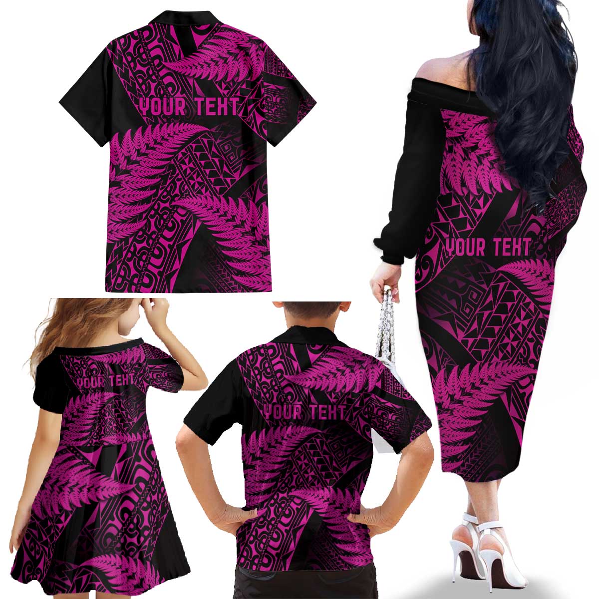 New Zealand Rugby Pacific Personalised Family Matching Off The Shoulder Long Sleeve Dress and Hawaiian Shirt All Pink Maori Pasifika Fern Pattern LT9 - Polynesian Pride