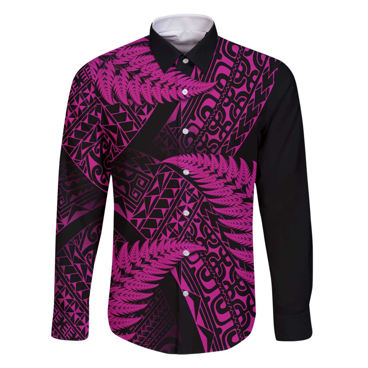 New Zealand Rugby Pacific Personalised Family Matching Off The Shoulder Long Sleeve Dress and Hawaiian Shirt All Pink Maori Pasifika Fern Pattern LT9 Dad's Shirt - Long Sleeve Pink - Polynesian Pride