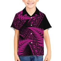 New Zealand Rugby Pacific Personalised Family Matching Off The Shoulder Long Sleeve Dress and Hawaiian Shirt All Pink Maori Pasifika Fern Pattern LT9 Son's Shirt Pink - Polynesian Pride