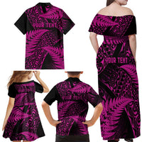 New Zealand Rugby Pacific Personalised Family Matching Off Shoulder Maxi Dress and Hawaiian Shirt All Pink Maori Pasifika Fern Pattern LT9 - Polynesian Pride