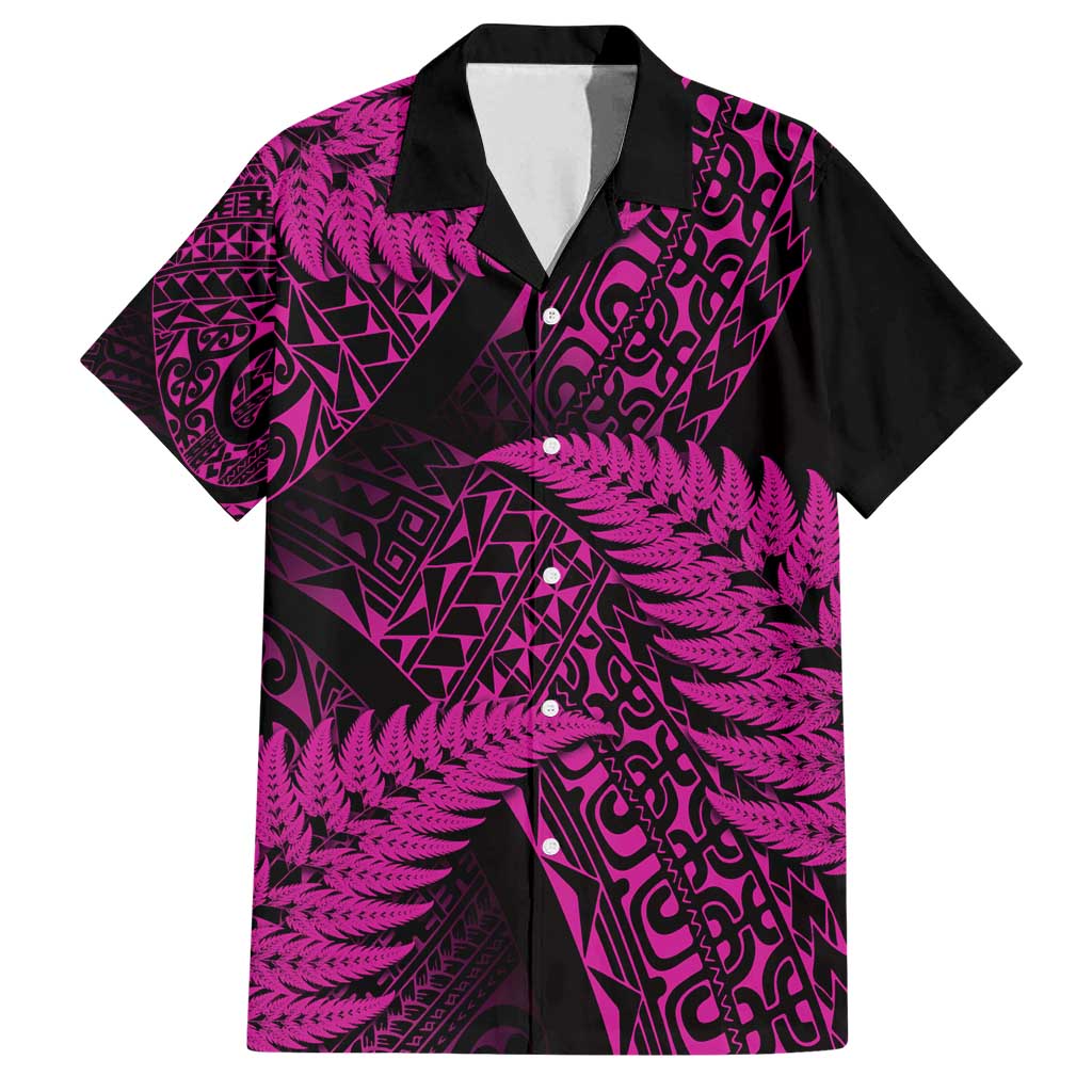 New Zealand Rugby Pacific Personalised Family Matching Off Shoulder Maxi Dress and Hawaiian Shirt All Pink Maori Pasifika Fern Pattern LT9 Dad's Shirt - Short Sleeve Pink - Polynesian Pride