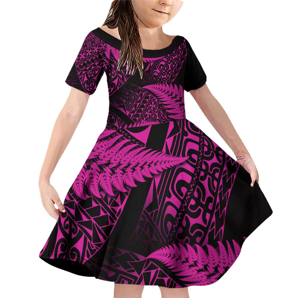 New Zealand Rugby Pacific Personalised Family Matching Off Shoulder Short Dress and Hawaiian Shirt All Pink Maori Pasifika Fern Pattern LT9 Daughter's Dress Pink - Polynesian Pride