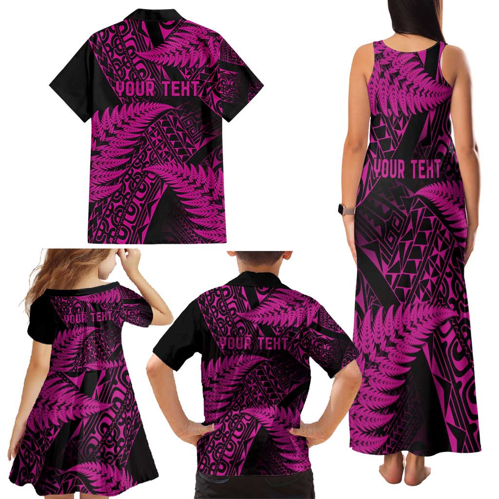 New Zealand Rugby Pacific Personalised Family Matching Tank Maxi Dress and Hawaiian Shirt All Pink Maori Pasifika Fern Pattern LT9 - Polynesian Pride