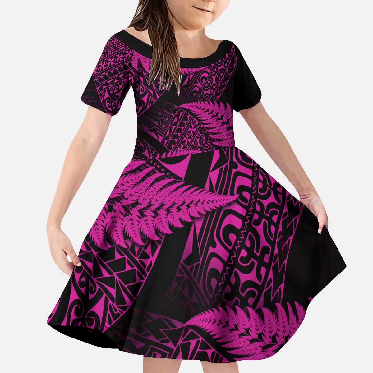 New Zealand Rugby Pacific Personalised Kid Short Sleeve Dress All Pink Maori Pasifika Fern Pattern