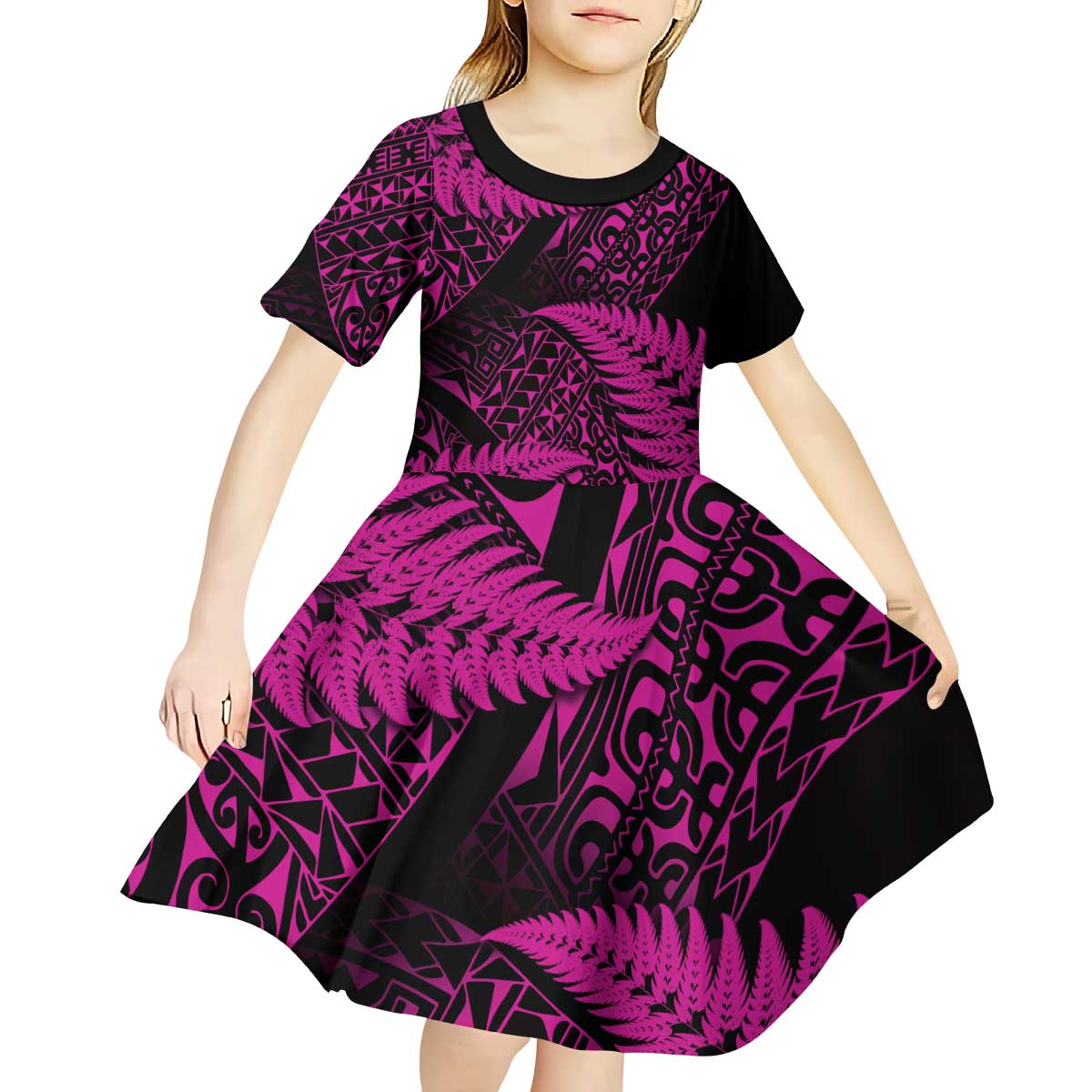 New Zealand Rugby Pacific Personalised Kid Short Sleeve Dress All Pink Maori Pasifika Fern Pattern LT9 - Polynesian Pride
