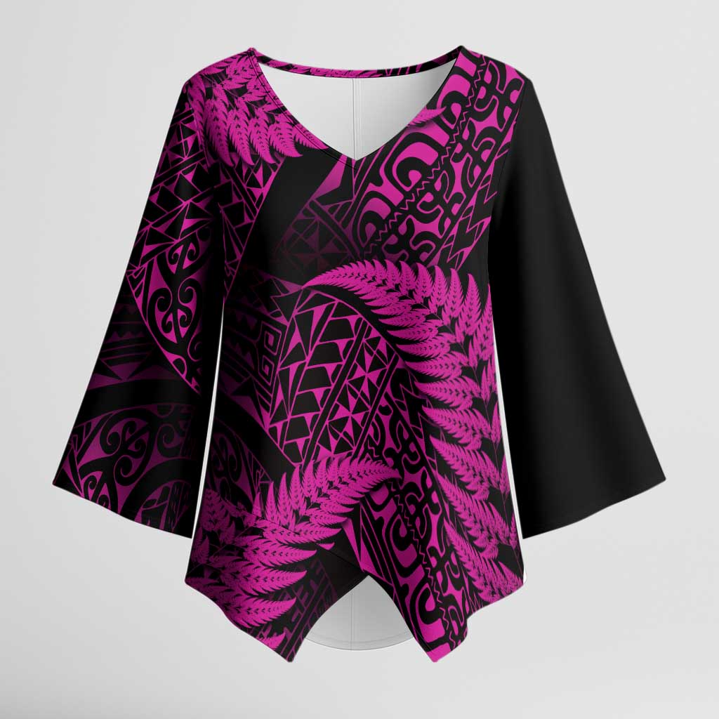 New Zealand Rugby Pacific Personalised Kimono Sleeve Blouse All Pink Maori Pasifika Fern Pattern LT9 Female Pink - Polynesian Pride