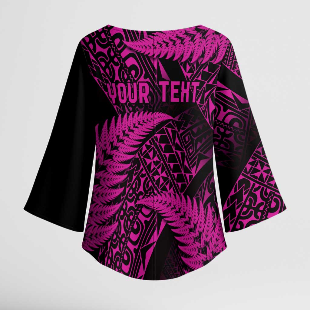 New Zealand Rugby Pacific Personalised Kimono Sleeve Blouse All Pink Maori Pasifika Fern Pattern LT9 - Polynesian Pride