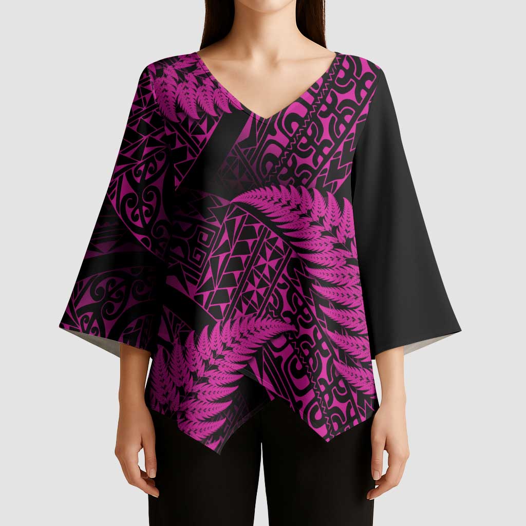New Zealand Rugby Pacific Personalised Kimono Sleeve Blouse All Pink Maori Pasifika Fern Pattern LT9 - Polynesian Pride