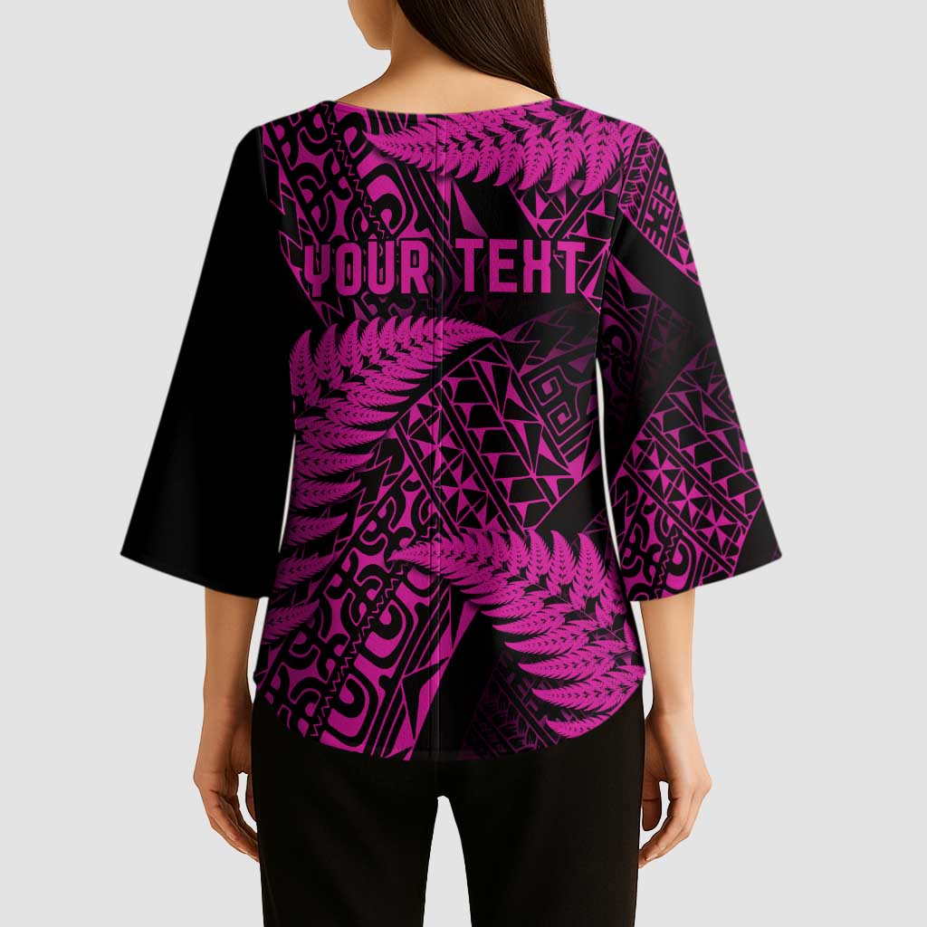 New Zealand Rugby Pacific Personalised Kimono Sleeve Blouse All Pink Maori Pasifika Fern Pattern LT9 - Polynesian Pride