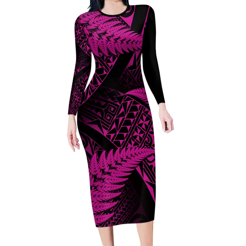 New Zealand Rugby Pacific Personalised Long Sleeve Bodycon Dress All Pink Maori Pasifika Fern Pattern LT9 Long Dress Pink - Polynesian Pride