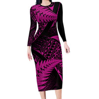 New Zealand Rugby Pacific Personalised Long Sleeve Bodycon Dress All Pink Maori Pasifika Fern Pattern LT9 Long Dress Pink - Polynesian Pride