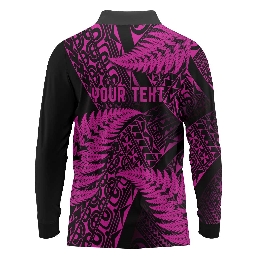 New Zealand Rugby Pacific Personalised Long Sleeve Polo Shirt All Pink Maori Pasifika Fern Pattern LT9 - Polynesian Pride