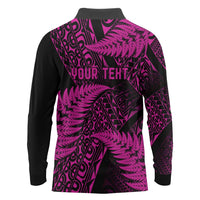 New Zealand Rugby Pacific Personalised Long Sleeve Polo Shirt All Pink Maori Pasifika Fern Pattern LT9 - Polynesian Pride