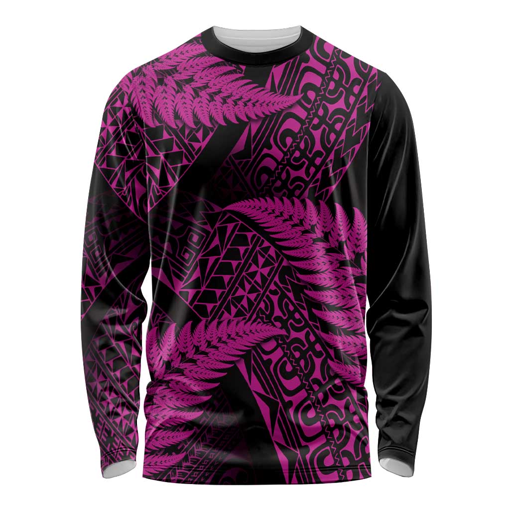 New Zealand Rugby Pacific Personalised Long Sleeve Shirt All Pink Maori Pasifika Fern Pattern LT9 Unisex Pink - Polynesian Pride