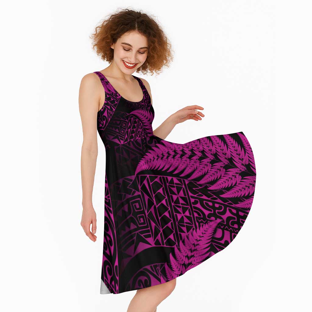 New Zealand Rugby Pacific Personalised Midi Dress All Pink Maori Pasifika Fern Pattern LT9 - Polynesian Pride